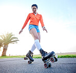 Happy, woman and skating outdoor on sidewalk with wheel, shoes and legs in cardio, exercise or summer workout. Fitness, training and girl roller skate on beach pavement, ground or balance on feet