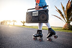 Woman, retro radio and outdoor with roller skates, music and training with freedom, road and summer. Girl, skating and vintage sound system for noise, exercise and workout in sunshine with moving