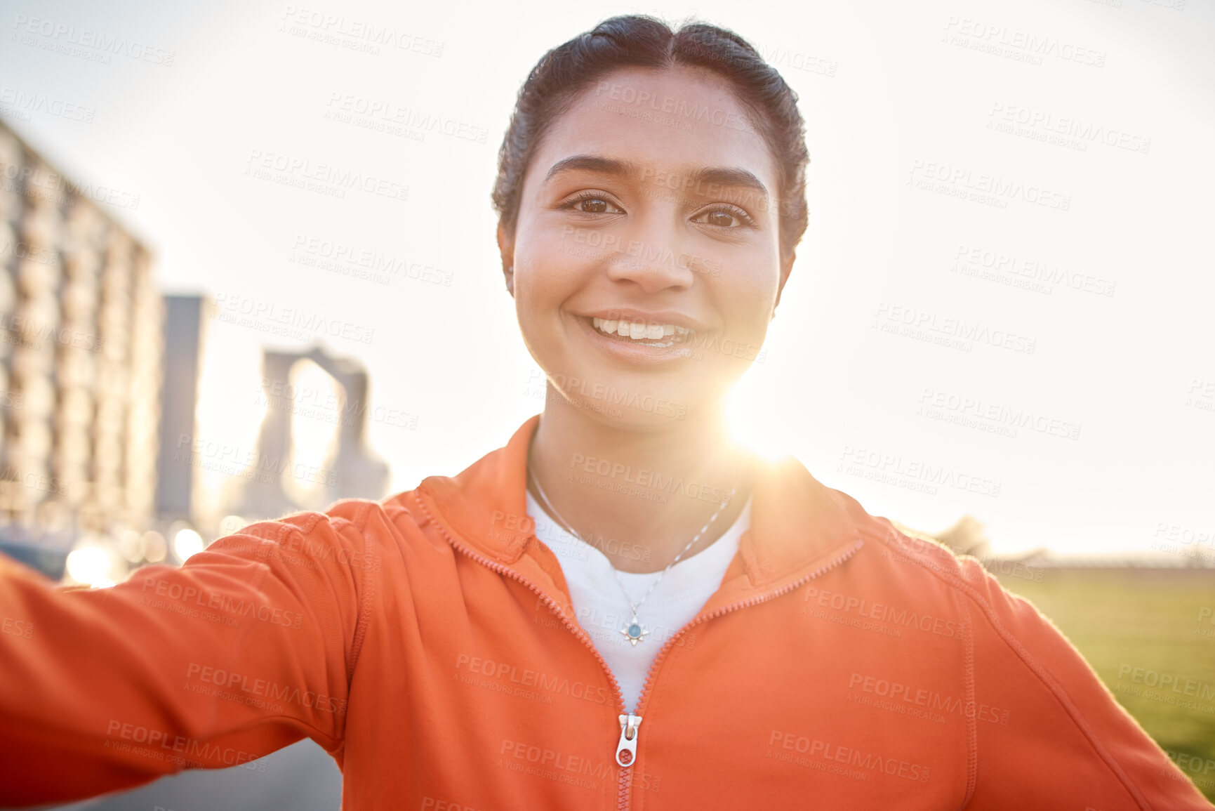 Buy stock photo Woman, selfie and smile in city park, sunshine and outdoor for adventure, web blog and portrait in nature. Influencer girl, photography and profile picture for memory, social media and live streaming