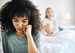 Lgbtq, woman and sad for couple fight in bedroom of home with conflict, crisis or problem in relationship. Lesbian, partner and girl on bed with stress, anxiety and depressed for argument and divorce