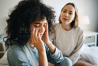 Buy stock photo Lgbtq, woman and depression for couple fight in bedroom of home with conflict, crisis or problem relationship. Lesbian, partner and girl on bed with stress, anxiety and sad for argument and divorce