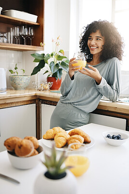 Buy stock photo Woman, smile and thinking with orange juice in kitchen for breakfast, nutrition and vitamin c in the morning. Food, person and happiness with idea and drink with pajamas or natural face for wellness 