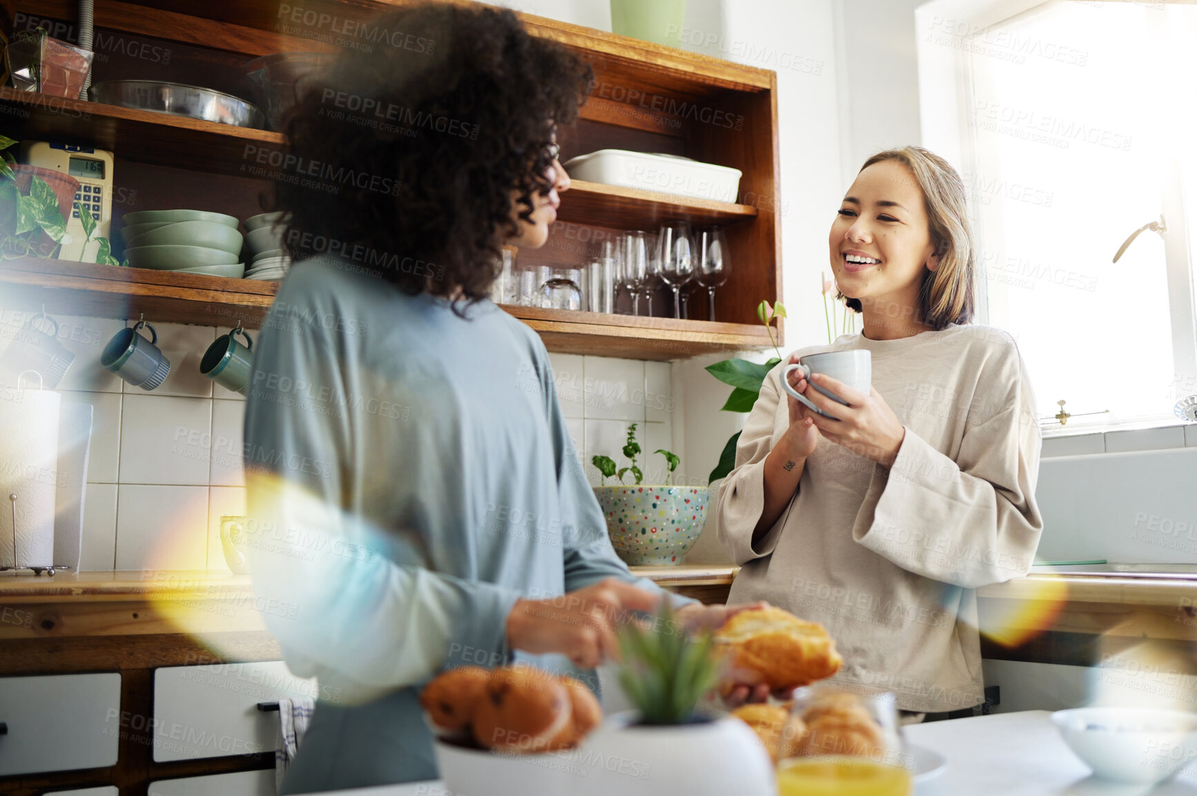 Buy stock photo Lesbian, women and couple with marriage, breakfast and romance with conversation, support and bonding. Lgbtq, girls and queer people in a kitchen, home and relationship with trust, talking and love