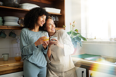 Buy stock photo Lgbt couple, coffee and kitchen with smile for connection, romantic or relationship happiness. Lesbian woman partner, apartment and freedom hug for equality conversation, together or diversity pride