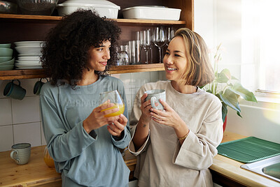 Buy stock photo Breakfast, lgbtq and couple in morning with drink together for bonding, love and conversation. Happy, lesbian and women with juice and coffee for healthy relationship, nutrition and chat for romance