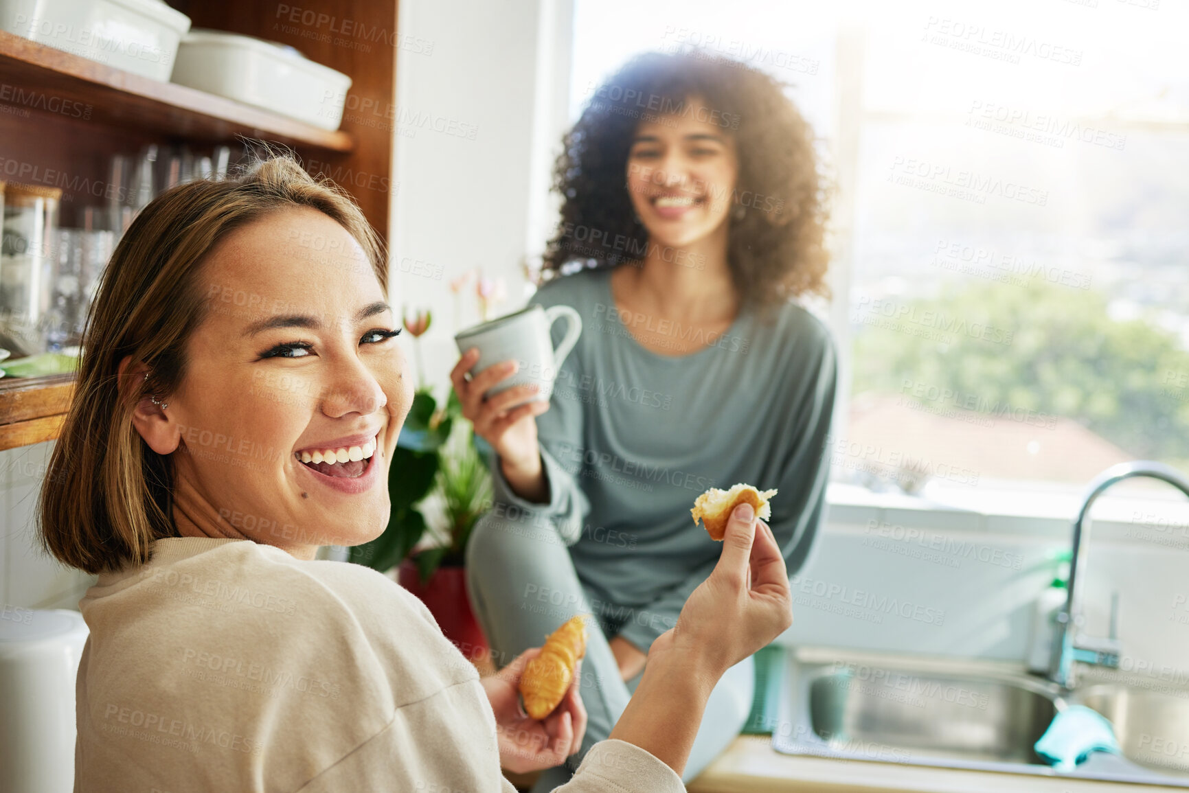 Buy stock photo Happy, portrait and a lesbian couple with breakfast in the kitchen for eating, hungry and coffee. Smile, house and gay or lgbt women with food, drink and laughing together for lunch in the morning