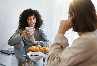Buy stock photo Coffee, breakfast and lesbian couple at table in home, bonding and communication. Drink tea, gay women and girls talking in the morning, eating food and relax together in healthy LGBT relationship