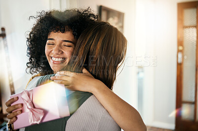 Buy stock photo Excited, hug and present box for birthday of girl friends and smile with gratitude together. Surprise, gift and happy female person at home with giving and celebration, congratulations and package