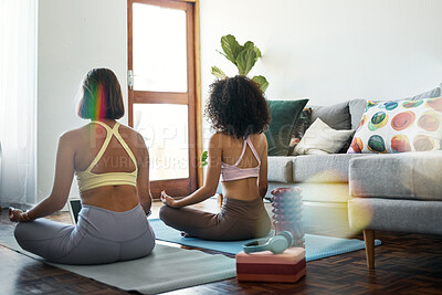 Buy stock photo Yoga, meditation and friends in yoga online class in home, living room or women or streaming exercise and workout. Healthy, fitness and training with holistic learning for zen, wellness and peace