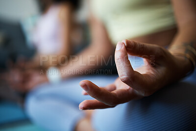 Buy stock photo Woman, hands and zen for yoga, sitting and mediation for spiritual wellness, exercise and fitness. Positive energy, chakra and health in sportswear, relax and balance in lotus pose, peace and healing
