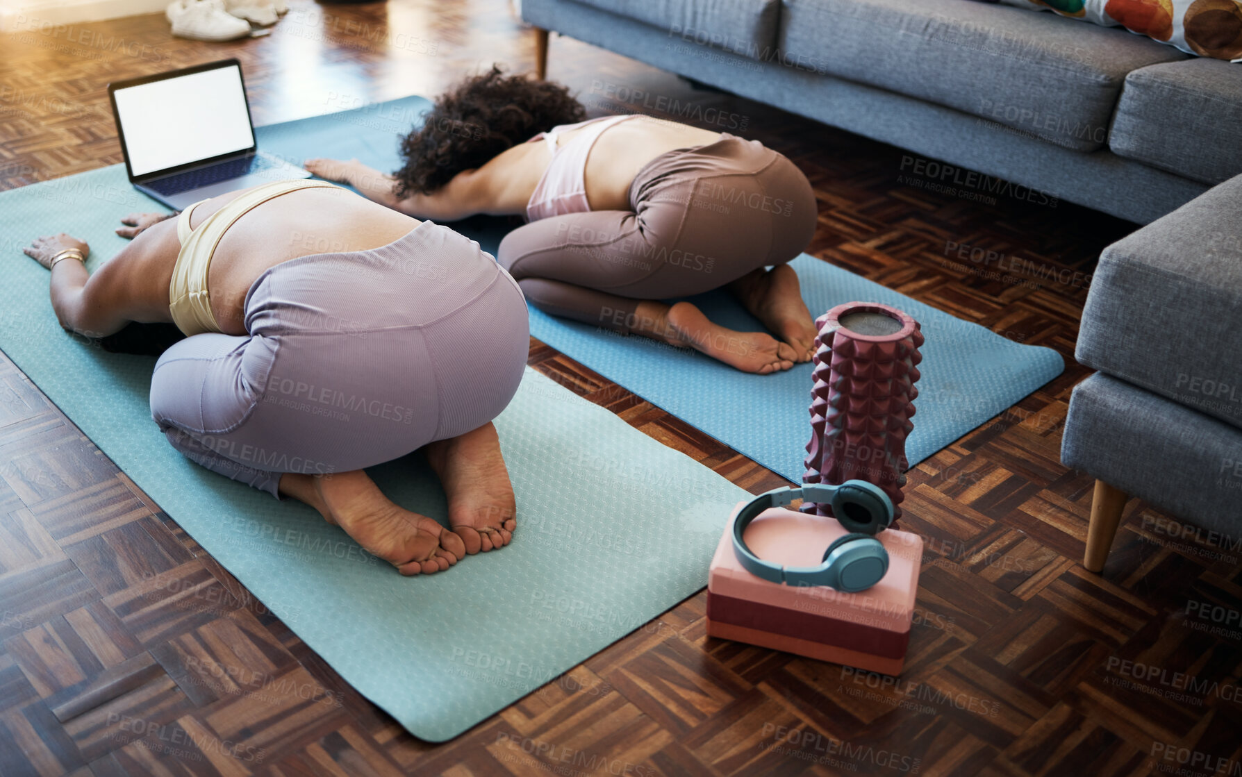 Buy stock photo Stretching, friends and yoga online class in home, living room or lounge or streaming exercise and workout. Healthy, fitness and training with holistic on laptop for wellness in house or mockup