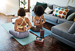 Friends, stretching and yoga online class in home, living room or lounge or streaming exercise and workout. Healthy, fitness and training with holistic sport or practice for wellness in house