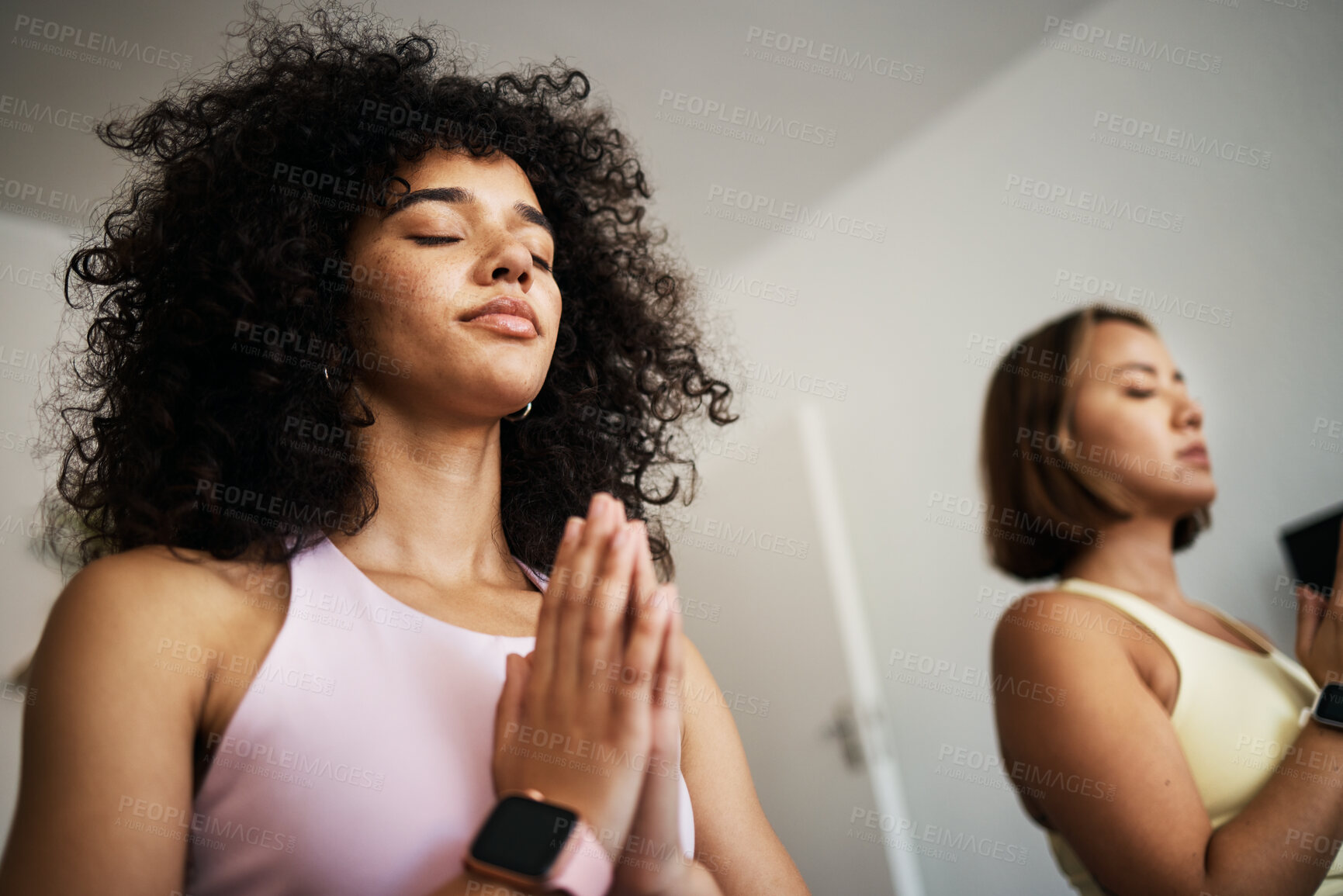 Buy stock photo Women friends, yoga and meditate at home, zen and peace for bonding or support. Calm people, wellness and health for flexibility, care and zen fitness in living room, strong core and namaste in soul