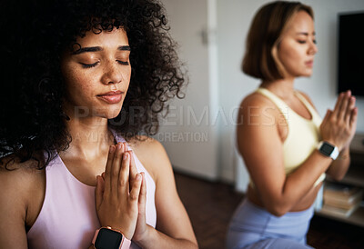 Buy stock photo Lesbian couple, yoga and zen at home, closeup and peaceful for bonding and support. Calm people, wellness and health for flexibility, care and fitness in living room, strong core and namaste in soul