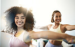 Women, fitness friends with stretching and yoga, happy at home with bonding and training together. Pilates, wellness and lens flare with exercise or workout, yogi team smile with self care and body