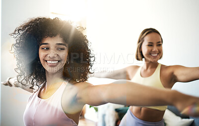 Buy stock photo Women, fitness friends with stretching and yoga, happy at home with bonding and training together. Pilates, wellness and lens flare with exercise or workout, yogi team smile with self care and body
