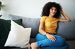 Woman, face and thinking on sofa with smile for peace, relaxing and freedom in apartment or house. Person, portrait and wellness for self care and zen with ideas, thoughts and inspiration in lounge