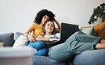 Lgbtq, laptop and couple relax on sofa for watching movies, streaming series and online videos. Dating, lesbian and happy women on computer for internet, bonding and relationship in living room