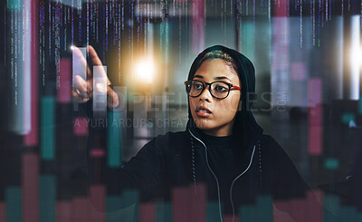 Buy stock photo Woman, hacker and digital overlay at night in cybersecurity, programming or cryptocurrency at basement. Serious female person, employee or programmer working late on problem, cyber attack or malware