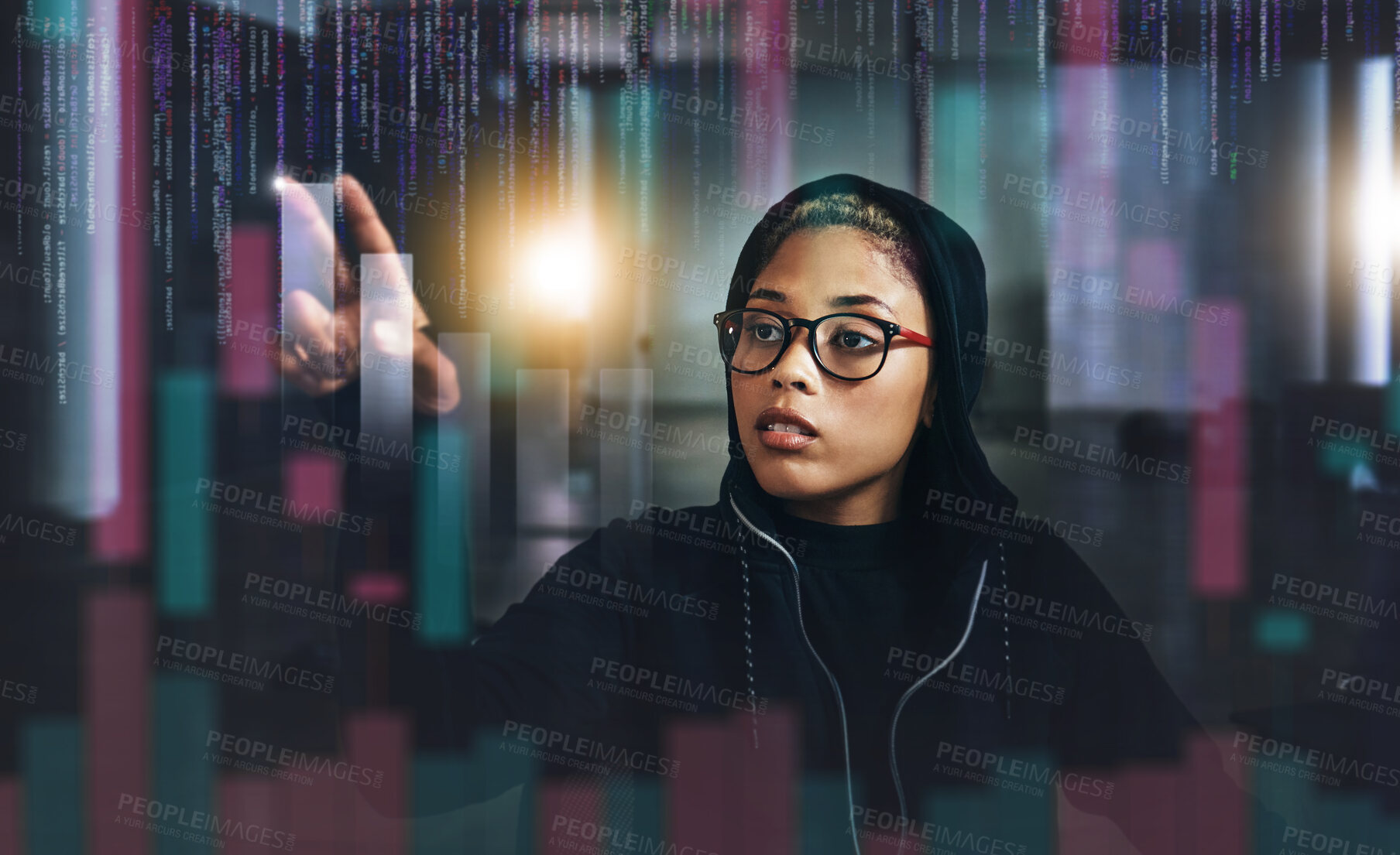 Buy stock photo Woman, hacker and digital overlay at night in cybersecurity, programming or cryptocurrency at basement. Serious female person, employee or programmer working late on problem, cyber attack or malware