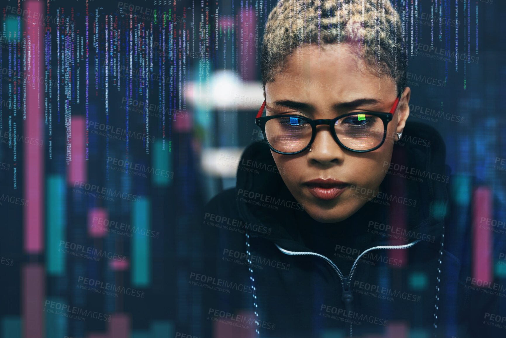 Buy stock photo Woman, hacker and coding at night in cybersecurity, programming or cryptocurrency on digital overlay. Female person, serious employee or programmer working late on problem, cyber attack or malware