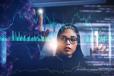 Buy stock photo Code, information technology and woman with digital transformation and data science, programming database on screen. Overlay, fingerprint and programmer coding, dashboard with hacker and holographic
