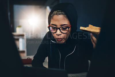 Buy stock photo Toast, night and woman streaming online movie on service, website or app in a home to relax in a dark bedroom. Bread, evening and person eating food and on internet for show on the web in a house
