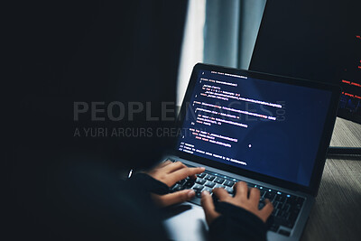 Buy stock photo Person, hands and hacker on laptop at night in cybersecurity, coding malware or software at home. Hacking, working late and typing on computer in programming, algorithm or cyber attack in house