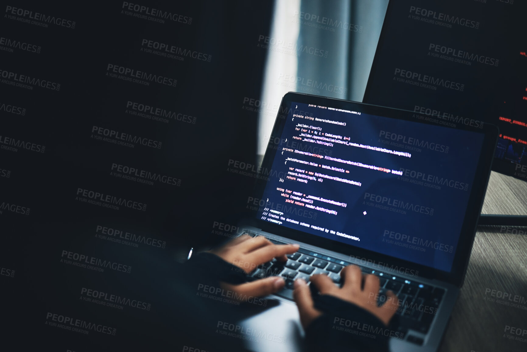 Buy stock photo Person, hands and hacker on laptop at night in cybersecurity, coding malware or software at home. Hacking, working late and typing on computer in programming, algorithm or cyber attack in house