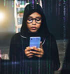 Hacker, coding overlay and woman with phone in dark for cybersecurity, phishing and crime. Information technology, mockup and person on smartphone with software, network code and programming hologram