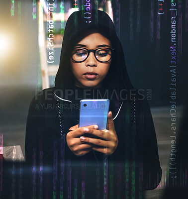 Buy stock photo Hacker, coding overlay and woman with phone at night for cybersecurity, phishing and crime. Information technology, mockup and person on smartphone with software, network code or programming hologram