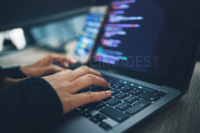Buy stock photo Hands, coding and laptop typing with cybersecurity, hacker and software data analysis. Person, web programmer and computer work with firewall system hacking and algorithm writing for malware 