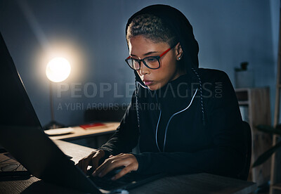 Buy stock photo Hacker, woman in dark room with laptop and cyber crime, phishing and information technology with database or server. Cybersecurity, programming and criminal with pc, ransomware and firewall breach