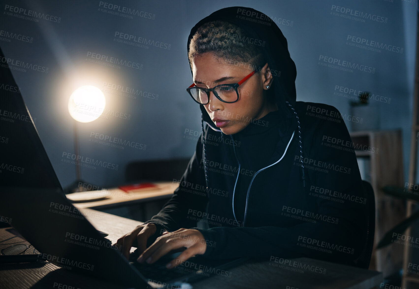 Buy stock photo Hacker, woman in dark room with laptop and cyber crime, phishing and information technology with database or server. Cybersecurity, programming and criminal with pc, ransomware and firewall breach