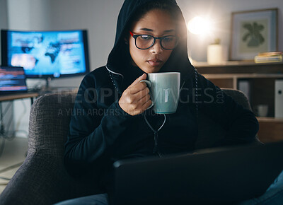 Buy stock photo Coffee, night and woman doing remote work overtime in home office working on a project on a laptop online. Energy, espresso and young person typing in dark living room with caffeine and planning