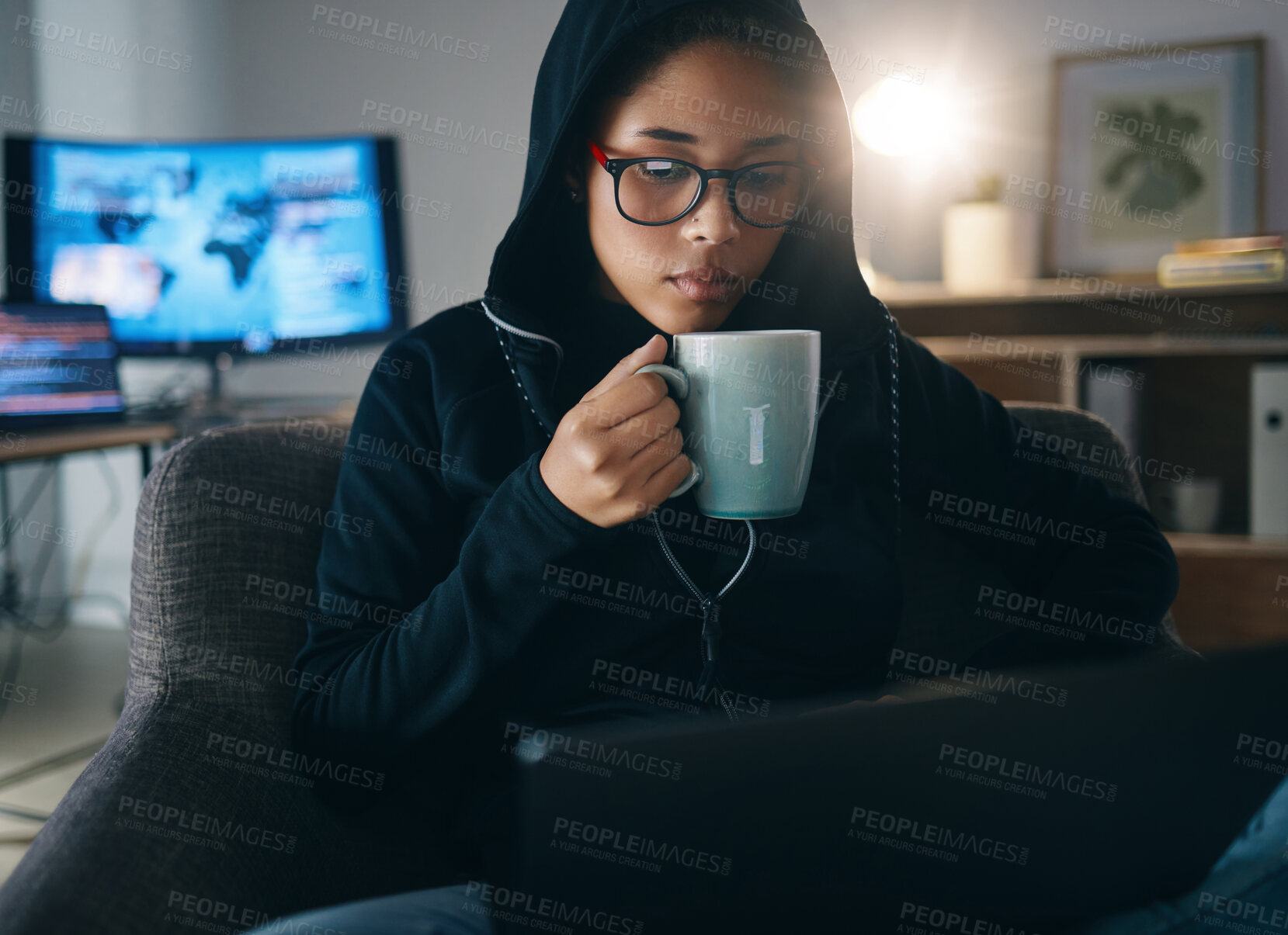 Buy stock photo Coffee, night and woman doing remote work overtime in home office working on a project on a laptop online. Energy, espresso and young person typing in dark living room with caffeine and planning