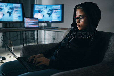 Buy stock photo Hacker, woman with laptop and information technology, global network and database with phishing and cyber crime. Cybersecurity, programming or hacking, criminal with pc for ransomware and firewall