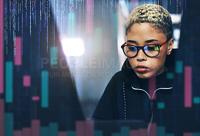 Buy stock photo Woman, hacker and coding at night in cybersecurity, programming or cryptocurrency on digital overlay. Female person, employee or programmer working late in problem solving, cyber attack or malware