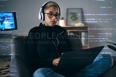 Buy stock photo Woman, code overlay and laptop typing with cybersecurity, hacker and software data analysis. Digital, programmer and computer work with firewall system hacking and algorithm writing for malware 