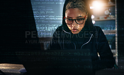Buy stock photo Hacker, woman in dark room with laptop and code, data analysis and IT, phishing and cyber crime with database. Cybersecurity, programming and criminal with pc, overlay or hologram with ransomware