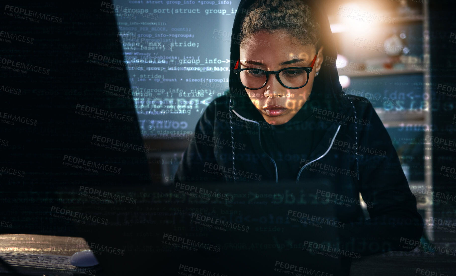 Buy stock photo Hacker, woman in dark room with laptop and code, data analysis and IT, phishing and cyber crime with database. Cybersecurity, programming and criminal with pc, overlay or hologram with ransomware