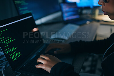 Buy stock photo Hands, code and night with laptop typing with cybersecurity, hacker and software data analysis. Person, programmer and computer work with firewall system hacking and algorithm writing for malware 