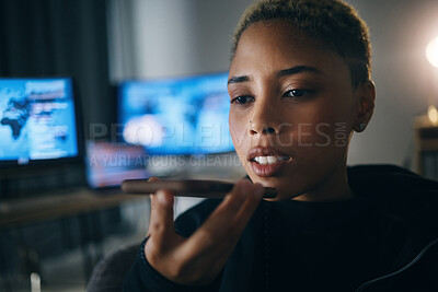 Buy stock photo Hacker woman, phone call and night for coding, idea or deal for cybersecurity, data phishing or ransomware app. Programmer, dark room and trading info for scam, software and negotiation on speaker