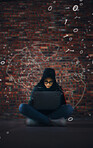 Hacker, coding overlay and woman on laptop in dark for cybersecurity, phishing and crime. Information technology, mockup and person on computer for software, network code and programming hologram