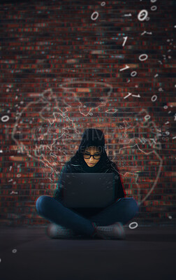 Buy stock photo Hacker, coding overlay and woman on laptop in dark for cybersecurity, phishing and crime. Information technology, mockup and person on computer for software, network code and programming hologram