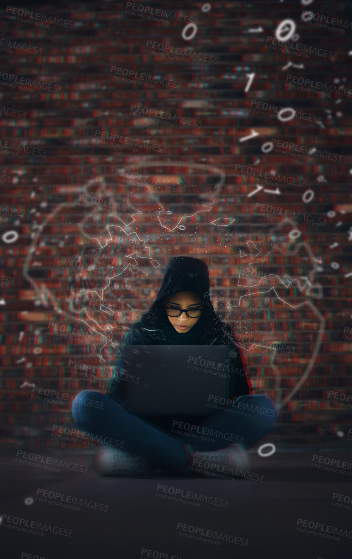 Buy stock photo Hacker, coding overlay and woman on laptop in dark for cybersecurity, phishing and crime. Information technology, mockup and person on computer for software, network code and programming hologram