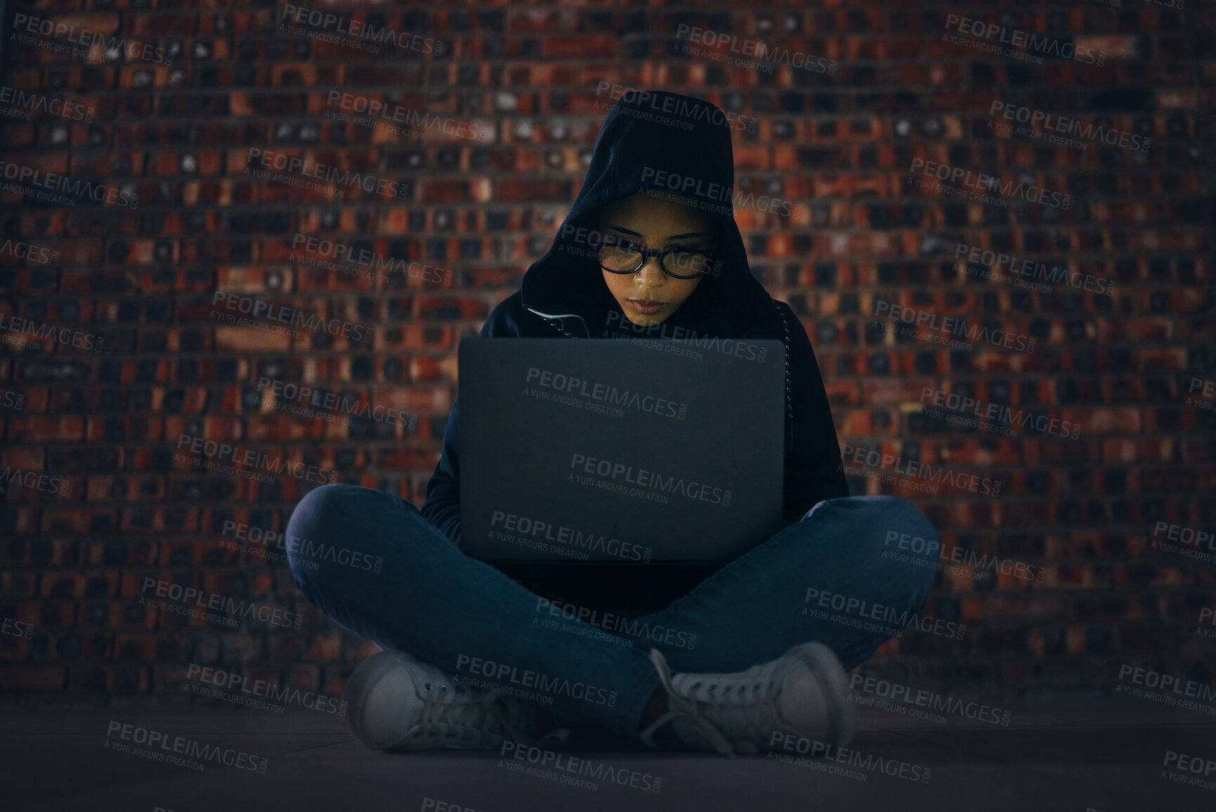Buy stock photo Hacker, woman in basement with laptop and information technology, phishing and cyber crime with database or server. Cybersecurity, programming and criminal with pc, ransomware and firewall breach