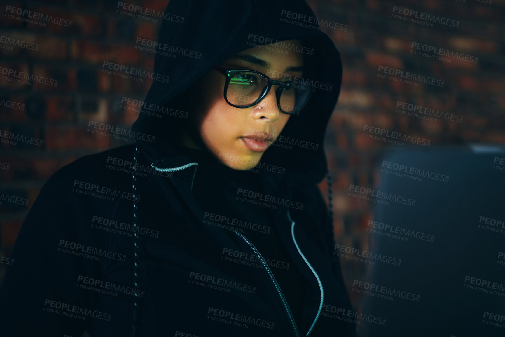 Buy stock photo Hacker, woman in dark room with laptop and information technology, coding and database, phishing with cyber crime. Cybersecurity, programming or hacking, criminal with pc for ransomware and firewall