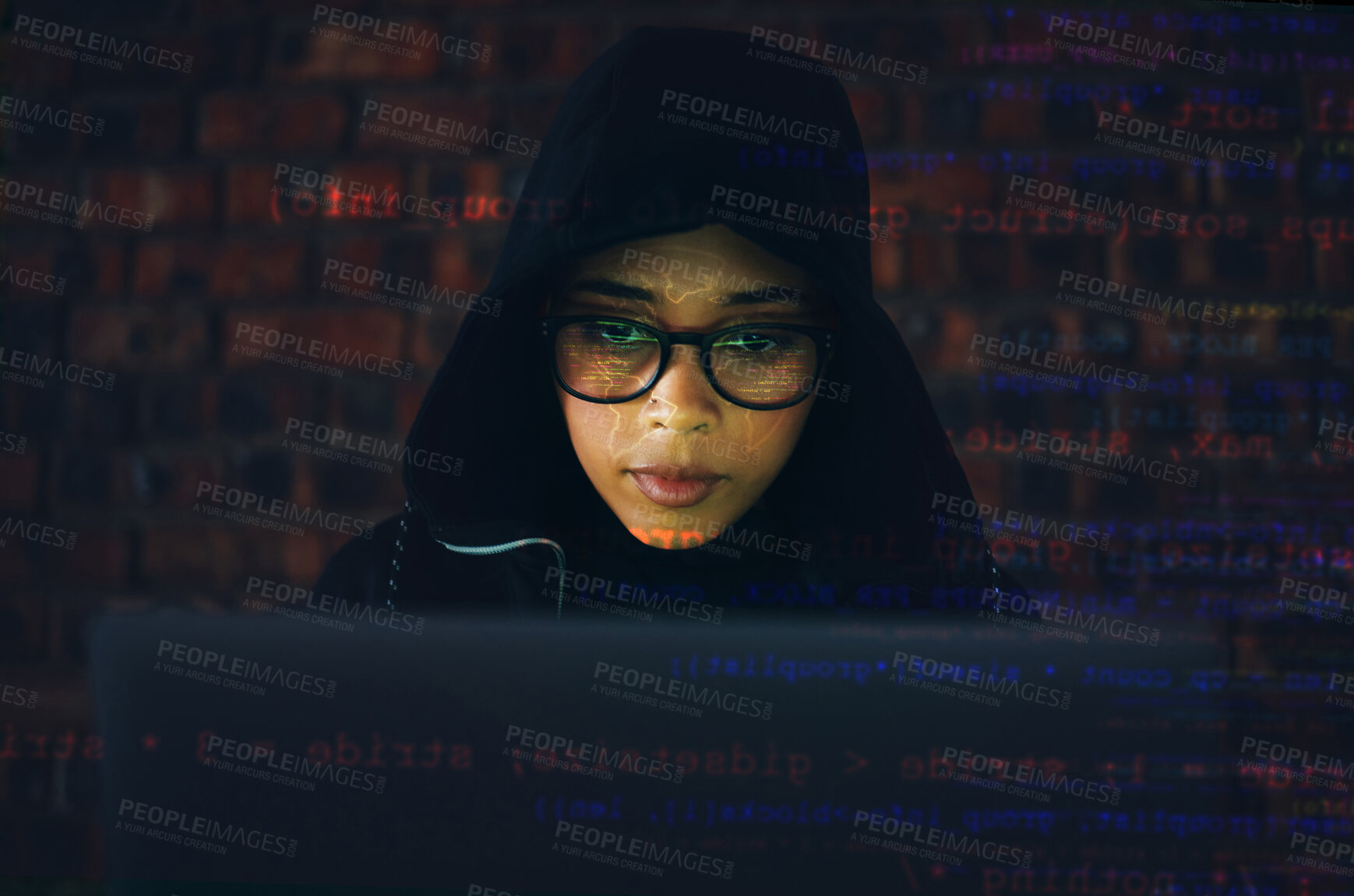 Buy stock photo Hacker, woman in basement and laptop, coding and IT with code overlay, database with phishing and cyber crime. Cybersecurity, programming or hacking, criminal with pc for ransomware and firewall