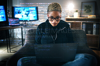 Buy stock photo Serious woman, code overlay and laptop typing with cybersecurity, hacker and software data analysis. Web, programmer and computer work with firewall system hacking and algorithm writing for malware 
